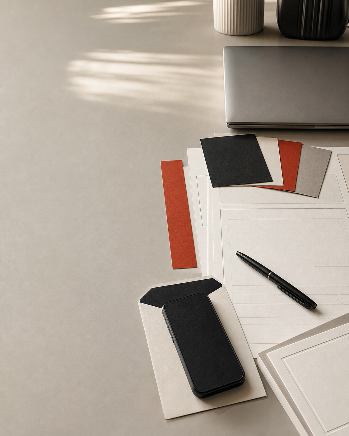 Scrivania illustrativa con carte, penna e materiali per un brief tipografico